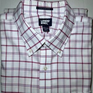 Lands’ End Supima No Iron Plaid Oxford Traditional Fit 17 1/2-33 Red/Blue